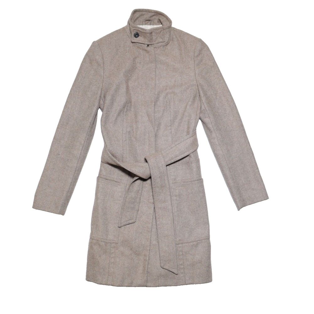 Vtg Zara Basic Herringbone Wool Trench Coat  Belt Waist Mock Neck Strap Women XS